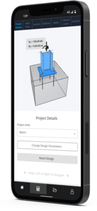 Schermata dell&png9;app mobile che mostra un componente strutturale blu 3D montato su una baserametri di progettazione e ripristinare la progettazione Mobile app screen showing a 3D blue structural component mounted on a base, with Project Details and buttons for Change Design Parameters and Reset Design.