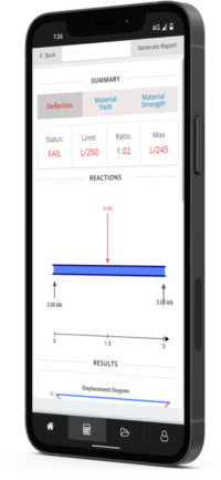 Schermata dellopngartphone che mostra un'app di reportAIScheda Riepilogo con DeflessioneioResa del materialeza del materiale Smartphone screen showing a report app: Summary tab with Deflection, Material Yield, Material Strength; Status FAIL and a reactions diagram with 6 kN arrows.