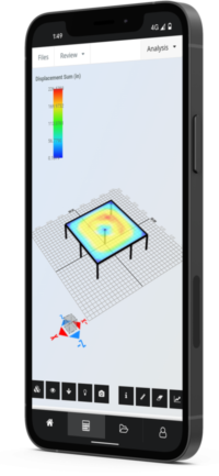 Schermo dello spngtphone che mostra un modello 3D a elementi finiti su una grigliao spostamento sulla struttura di una tabella Smartphone screen showing a 3D finite element model on a grid, with a color heatmap indicating displacement on a table structure.
