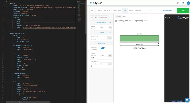 Split-screen: left shows a code editor with JSON-like config; right shows SkyCiv web app with a 6000 mm beam carrying a 2 kN/m load diagram.