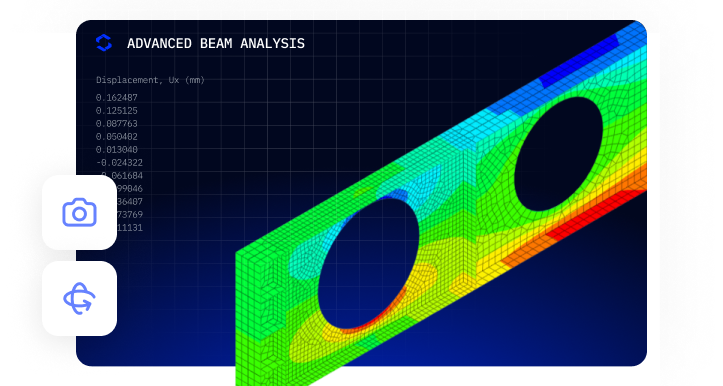 Cadreface utilisateur pour l'analyse avancée des poutres affichant un modèle de poutre à mappage de couleurs avec deux trous circulaires et une échelle de déplacement UI for Advanced Beam Analysis showing a color-mapped beam model with two circular holes and a displacement scale; camera and rotate icons on the left.
