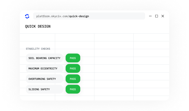 Cuadro de interfaz de usuario titulado Diseño rápido que muestra cuatro comprobaciones de estabilidad con insignias PASS verdesadCapacidad de carga del suelo UI dashboard titled Quick Design showing four stability checks with green PASS badges: Soil bearing capacity, Maximum eccentricity, Overturning safety, Sliding safety.