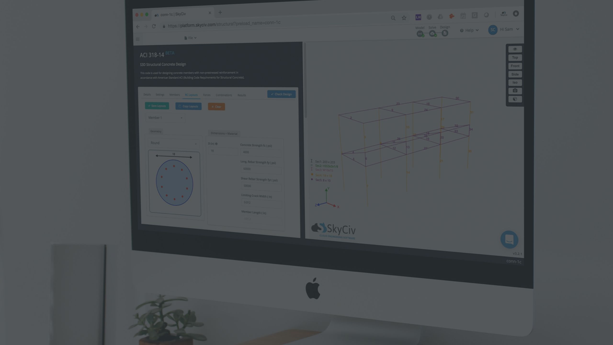iMac screen showing engineering design software with a 3D structural model on the right side.