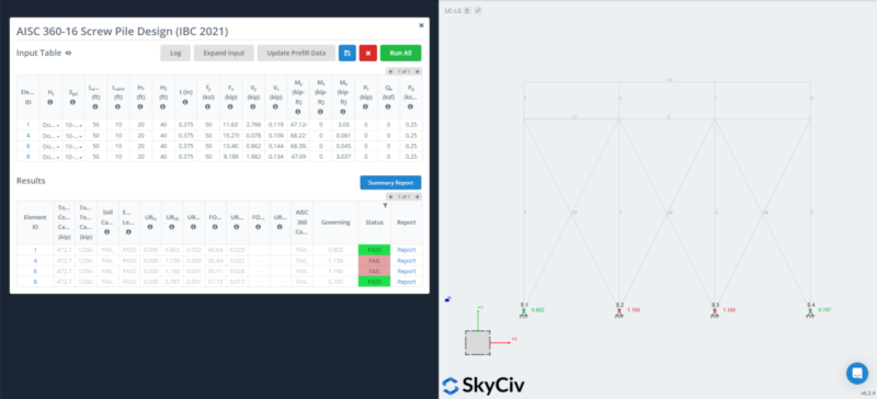 QD_Integrated_Screw_Pile-1200×546.png Split-screen UI: left panel shows AISC 360-16 Screw Pile Design (IBC 2021) with input tables and a Results summary, right panel displays a structural analysis diagram with jointed members and a SkyCiv logo bottom-left.