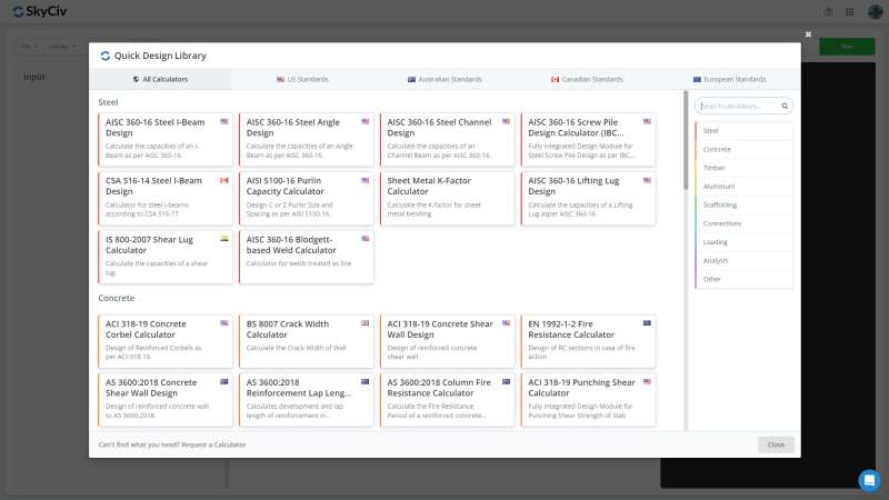 Screenshot of the Quick Design Library modal open in a design app, showing steel and concrete calculator tiles in a grid, tabs for All Calculators and standards, and a right-side filter/search panel; Close button at bottom.