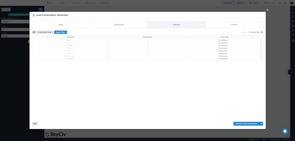 S3D-Load-Combo-Gen.png Modal: Load Combination Generator with table of load cases, quantities, and patterns in a data grid.