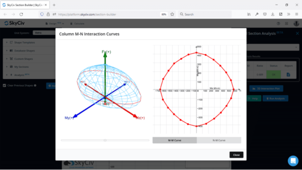 SkyCiv-RC-Design-Building-General-Concrete-Section-Designer-Interaction-Diagram.png Column M-N Interaction Curves dialog: left 3D coordinate plot with Mx, My and F axes; right circular M-N curve on a grid
