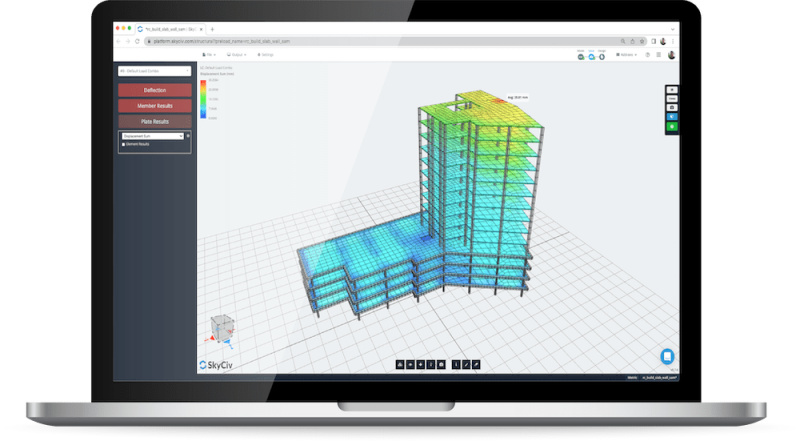 结构 3D 软件模型-min-800显示 3PNG色编码建筑模型的屏幕截图 Screenshot of a laptop displaying a 3D color-coded building model in structural analysis software, with a left UI panel and grid workspace.