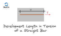 Schematic showing development length ld in tension of a straight reinforcing bar inside a gray concrete block; a black line marks ld with end ticks, a brown bar below, and a red arrow labeled T to the right.