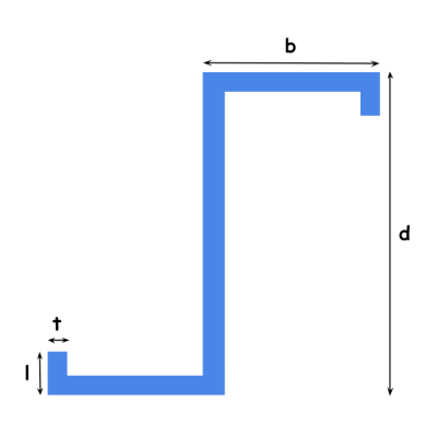 Blue L-shaped rectangular channel with uniform thickness t; bottom leg length l, top run length b, overall height d.