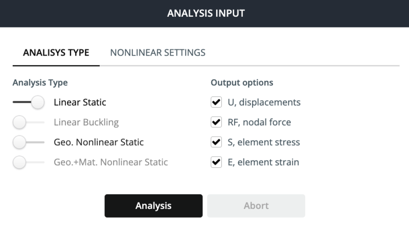 faisceau-fea-logiciel-analyse-paramètres-1-800re Statiqupngélectionné15Options de sortie UvÃRFouSonE vérifié Analysis Input panel: Linear Static selected; Output options U, RF, S, E checked; 'Analysis' button enabled, 'Abort' disabled.