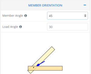 Diagram of a beige lever with a blue rotation arrow; Member Angle 45°, Load Angle 30°.