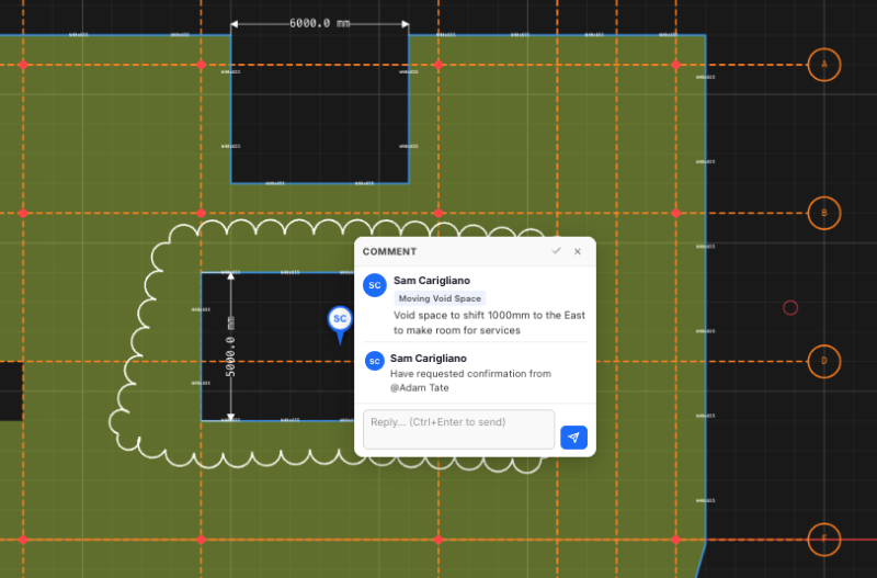 cad-コメント機能-800ドが付pngた緑色の平面図を示す CAD 設計画面暗い差し込み長方形の周りの波形の境界線 CAD design screen showing a green floor plan with orange grid, a scalloped border around a dark inset rectangle, and a comment popup about moving void space.