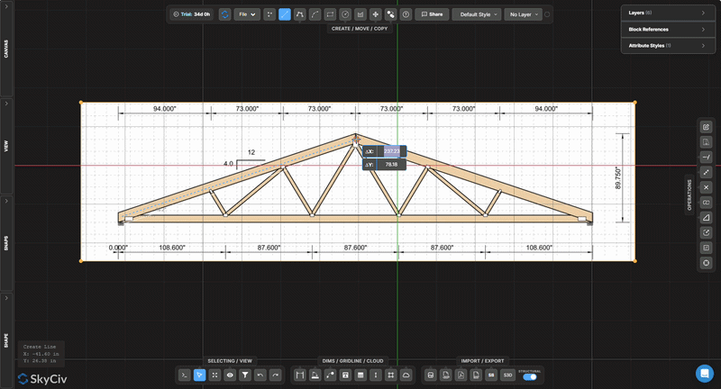 CADトレースイを持つ木造屋根トラスの寸法を記入した CAD 図面トウェア内に表示 Dimensioned CAD drawing of a wooden roof truss with multiple bays, shown inside engineering software on a grid backdrop.