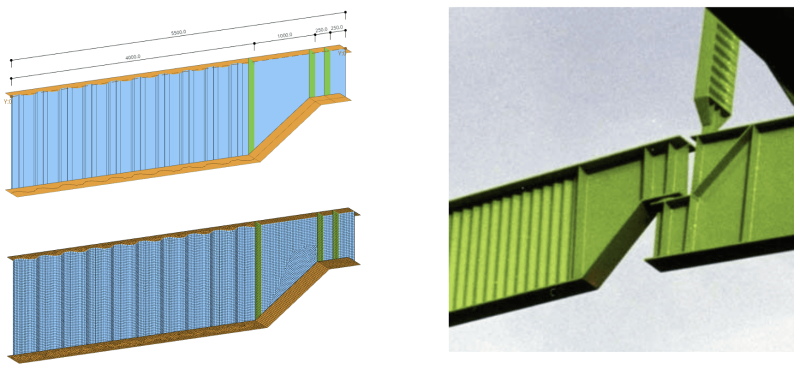 toiles ondulées-2-800ques 3D d&png9;une longue structure de confinement à parois bleues avec une base orange et des supports verts en vues latérales et isométriques Two 3D engineering diagrams of a long blue-walled containment structure with an orange base and green supports, shown in side and isometric views. On the right, a photo of a green steel beam/bridge girder.