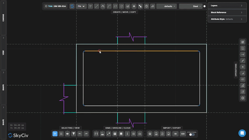 簡単モデリング-CAD長方形の輪郭と内側の角丸長方形を含む SkyCiv CAD UI のスクリーンショット Screenshot of SkyCiv CAD UI with a rectangular outline and an inner rounded rectangle on a grid, showing measurement guides and toolbars nearby
