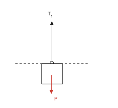 fbd-cables-1.png Square block suspended from a rope with upward tension T1; a downward force P acts at the block's center; a dashed reference line behind.