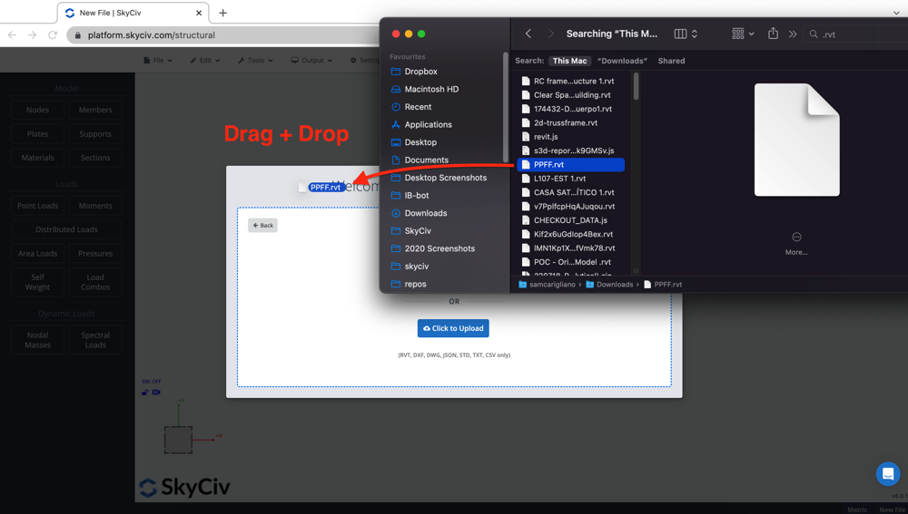 import-revit-model-structural-analysis-software-1 SkyCiv upload panel with drag-and-drop area and a macOS Finder window selecting a .rvt file named PPFFrvt for upload