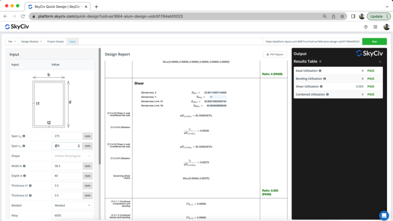 SkyCiv design tool interface: left input panel with a hollow rectangle and dimensions, center design report, and a black right-side output panel labeled 'Output'