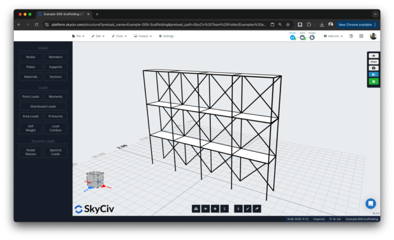 scaffolding-design-example-structural-software-1024×624.png Isometric wireframe of a four-level steel scaffold with diagonal bracing in structural design software (SkyCiv).