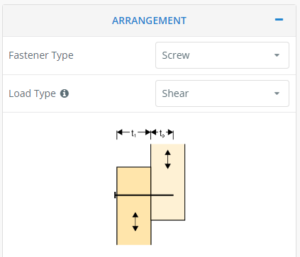 Schematic of two offset blocks joined by a screw, illustrating shear load and thickness dimensions t1 and t2.