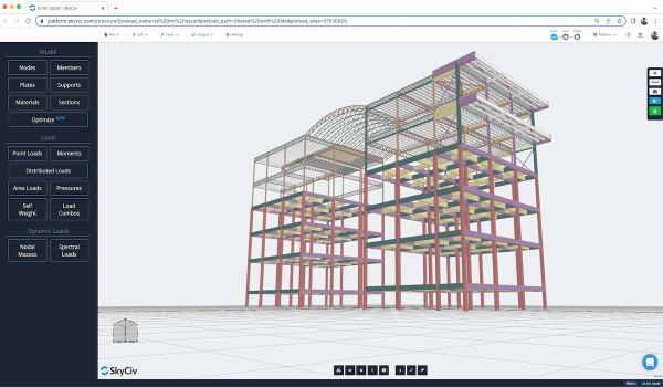 skyciv-结构分析-钢框架-设计-软件-大型模型-3-min-1-1-600型PNG Three-story steel frame building shown as a 3D structural model in a design viewer with colored beams.