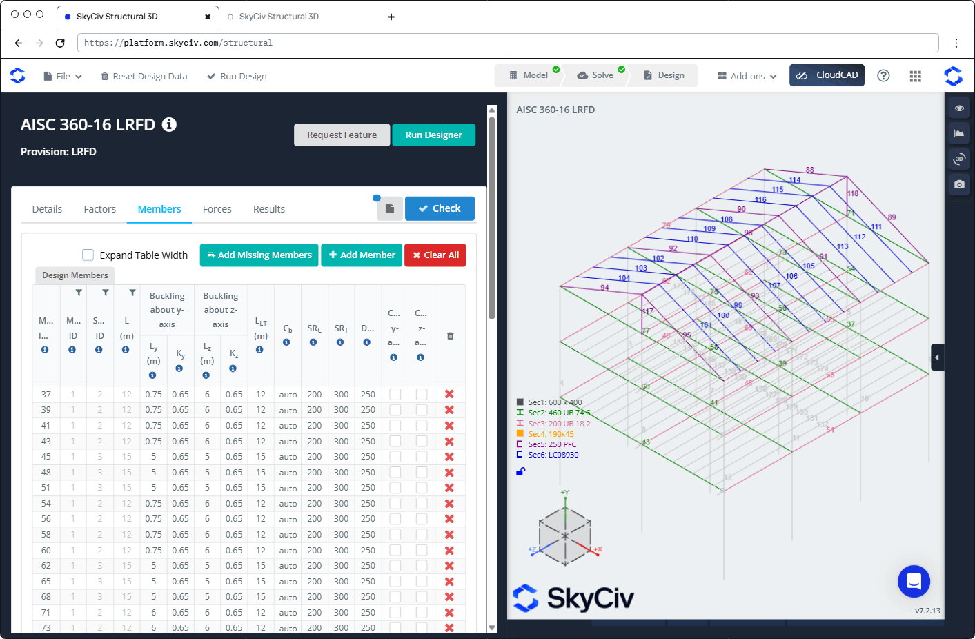 SkyCiv Structural 3D interface showing the Members tab for AISC 360-16 LRFD design settings.