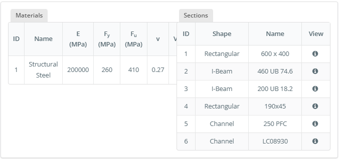 SkyCiv Structural 3D interface showing materials and sections tables under AISC 360-16 LRFD design code settings.