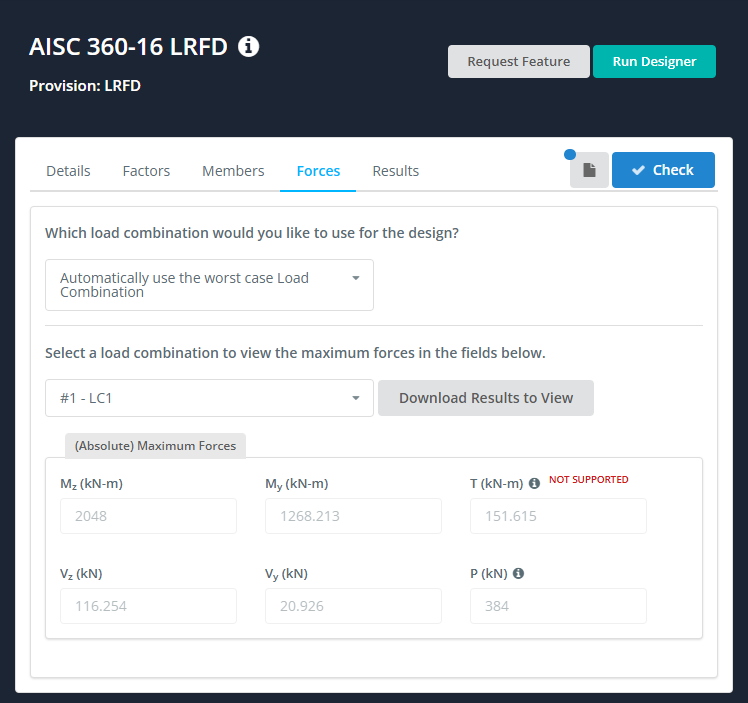 SkyCiv Structural 3D interface showing the AISC 360-16 LRFD Forces tab with member force results for design checks.
