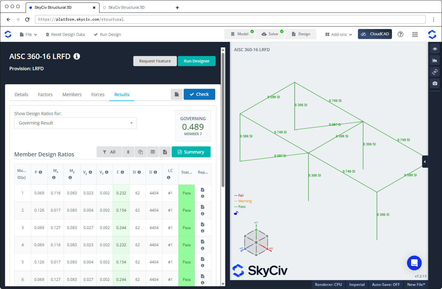 SkyCiv Structural 3D results tab for AISC 360-16 LRFD, showing a 3D model with members colour-coded by design results.