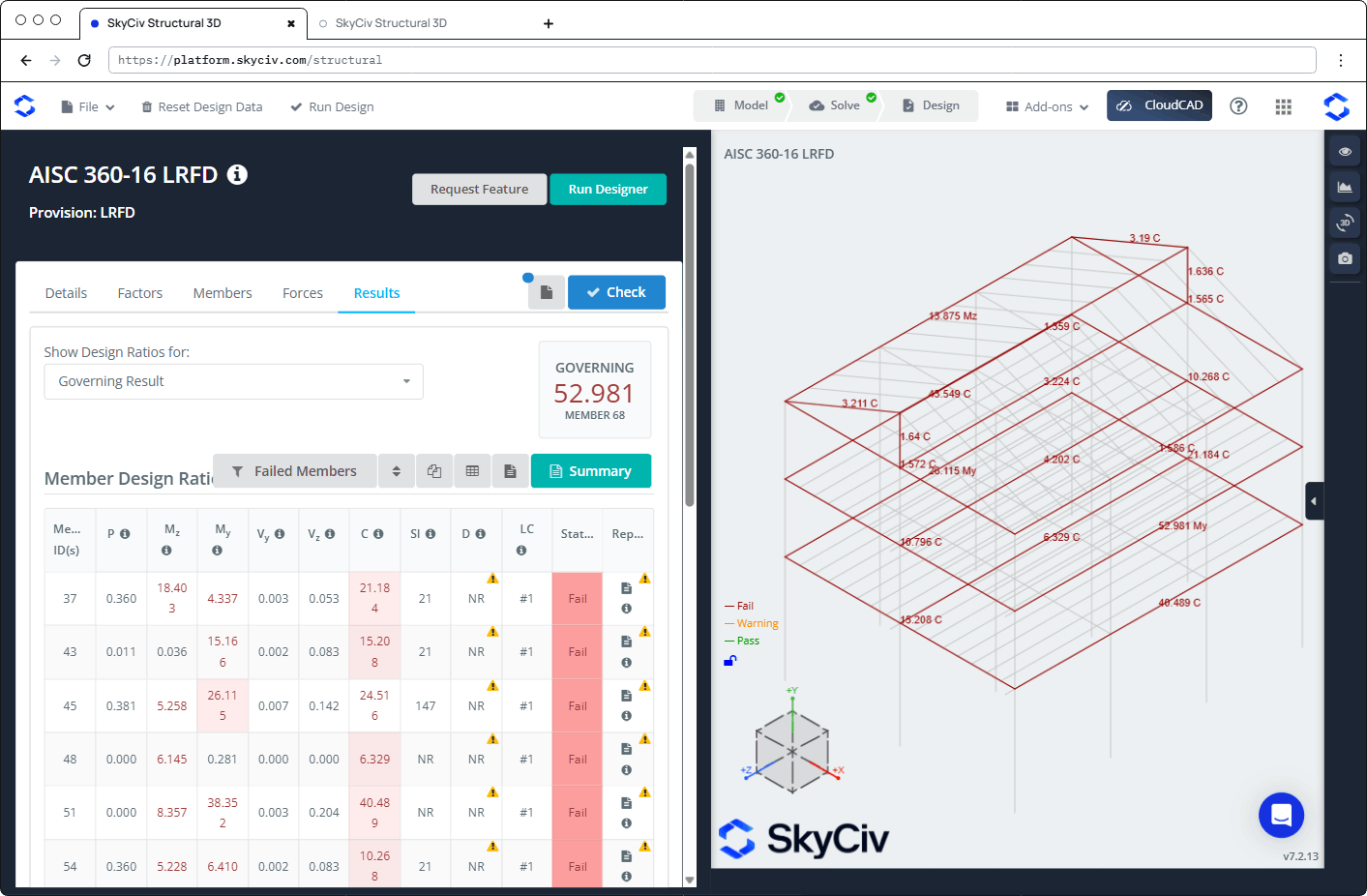 SkyCiv Structural 3D results view in the browser, showing only members that failed design code checks.