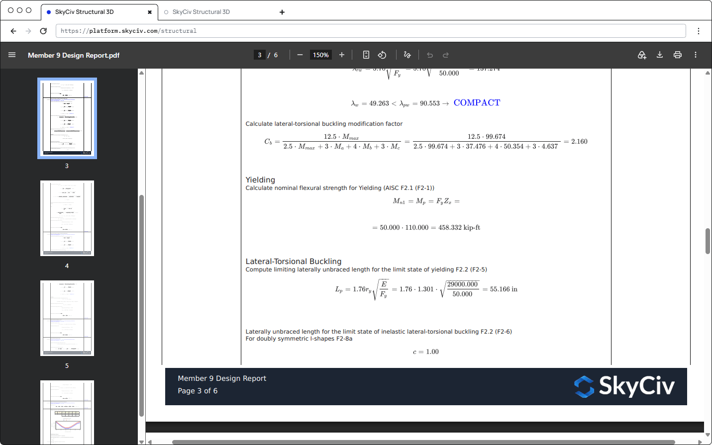 SkyCiv Structural 3D member design report displaying a summary of checks per AISC 360-16 code de conception.