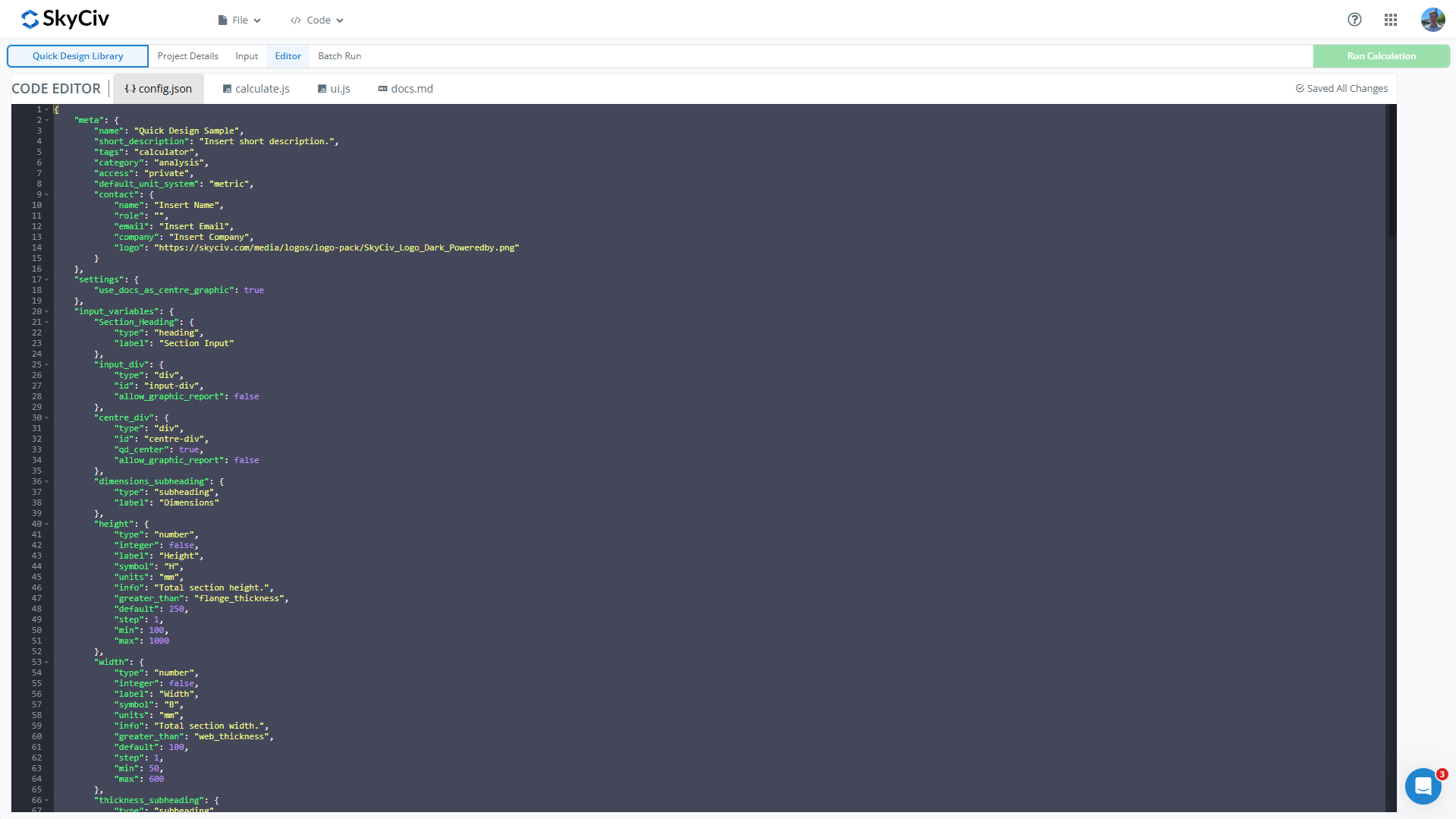 QD BYOCe le impostazioni dell'interfaccia utente elencando i metadatii dettagli del contattoapida JSON configuration file in SkyCiv's code editor, listing metadata, contact details, and UI settings for a Quick Design Sample