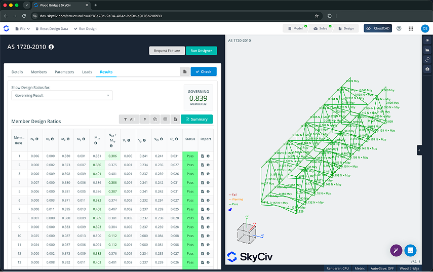 Ahşap Ahşap Yapılara Entegre SkyCiv Üye Tasarımım sonuçlarıurÜye tasarım oranları tablosunun ve sağ 3 boyutlu yeşil kafes model görünümünün bulunduğu sol panel Software interface showing AS 1720-2010 design results: a left panel with a member design ratios table and a right 3D green truss model view.