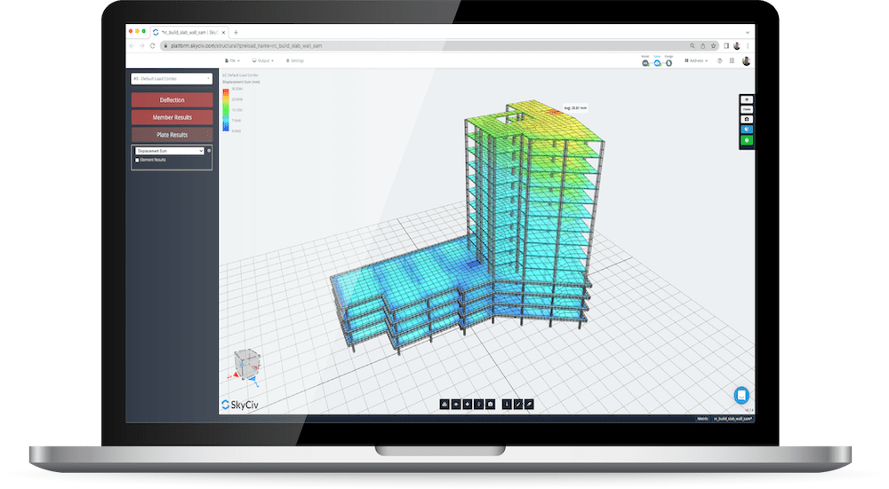 Structural-3D-Software-Mockup-min.png Laptop screen displaying a 3D color-coded building model in structural engineering software (SkyCiv) on a grid workspace.