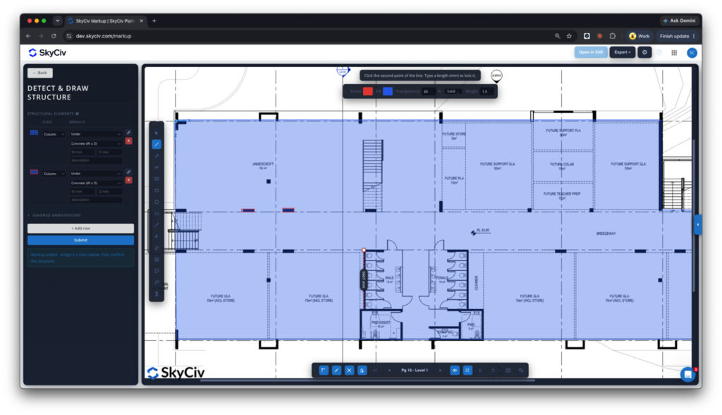 annotate-easily-markup Screenshot of SkyCiv app with a blue-highlighted building floor plan, showing labeled rooms and a left panel for structure detection.