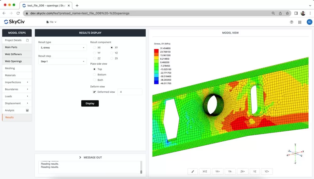 beam-analysis-fea-software-shell-plate-analysis-online-cloud-skyciv-cutout-stiffeners-jpg (1) 3D finite element analysis result in SkyCiv: color-stressed contour on a rectangular structural plate with holes, showing high-stress regions in red along the middle and sides.