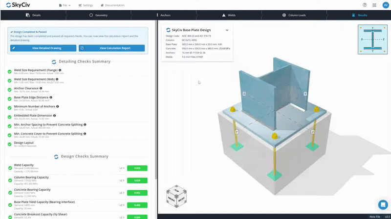 Base plate calculation report page showing step-by-step design check working with code clause references