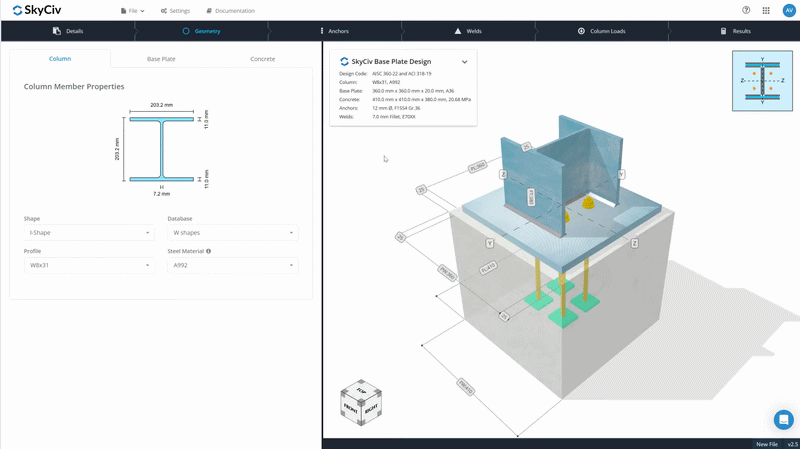 SkyCiv base plate model with an I-section column, base plate and anchor rods shown in 3D