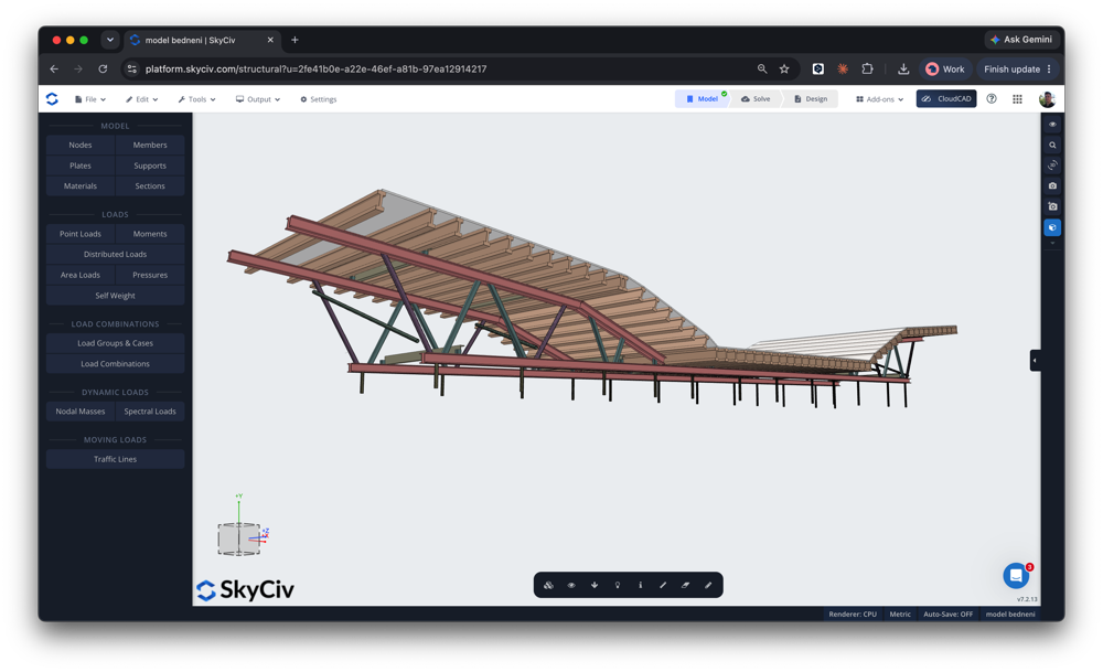 bridge-design-2-skyciv-case-study 3D structural model of a curved bridge deck with steel trusses displayed in the SkyCiv viewer