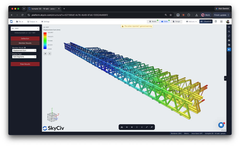bridge-design-skyciv-case-study-results 3D rainbow-colored lattice truss model in structural analysis software, viewed from the side with a left control panel visible (SkyCiv).
