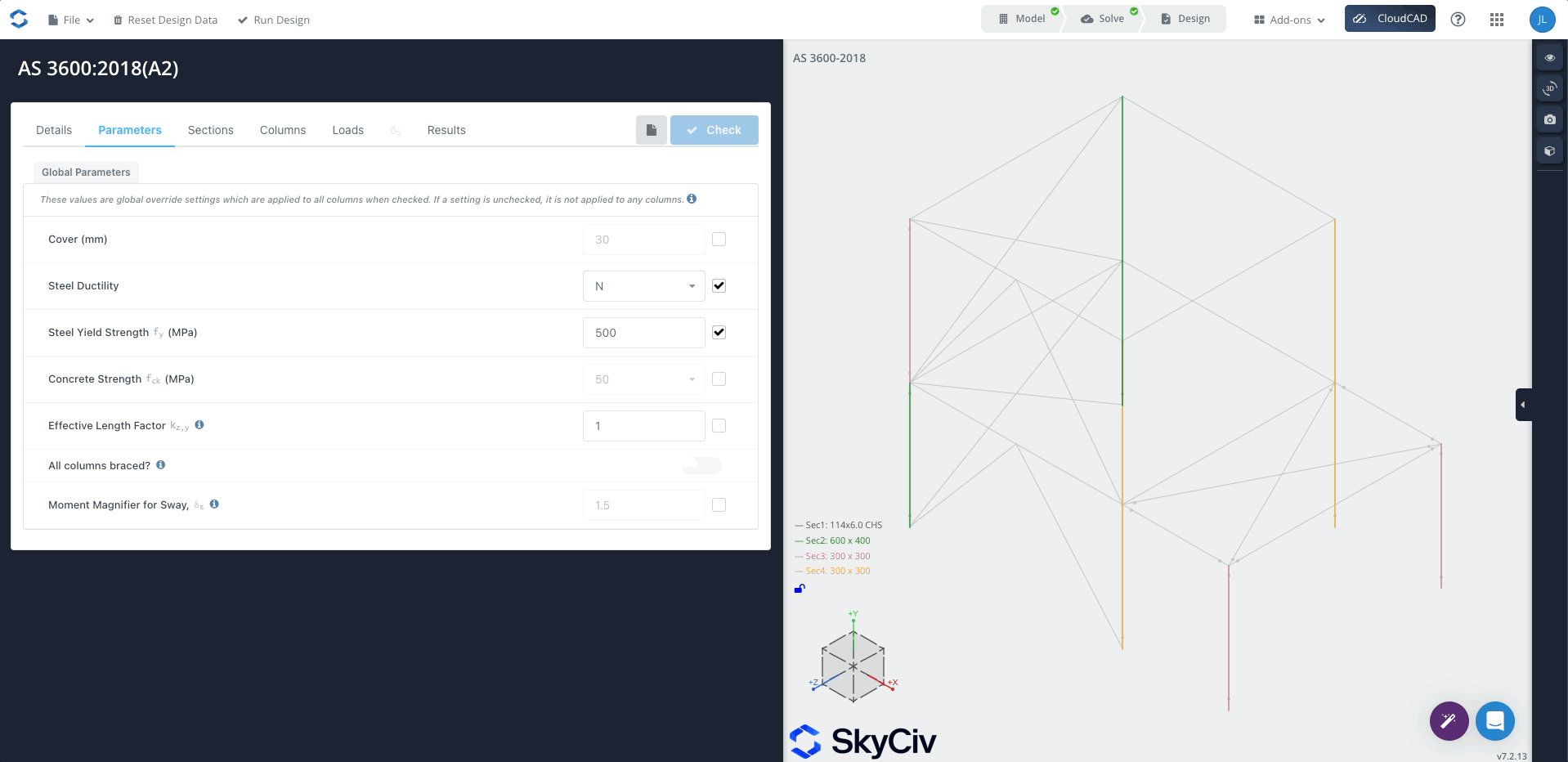 concrete-column-original Screenshot of structural design software showing AS 3600-2018 parameters on the left and a 3D framed model on the right; SkyCiv logo at bottom-left.