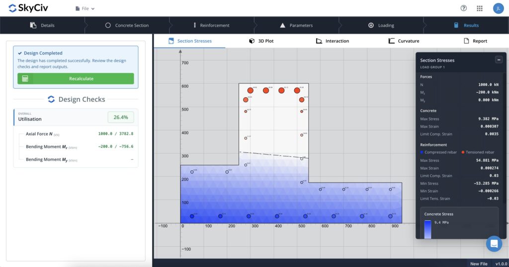Screenshot Screenshot of SkyCiv interface showing a 'Design Completed' message with a green 'Recalculate' button on the left and a 'Design Checks' panel listing Utilisation and axial force on the lower left; the main canvas to the right displays a section stresses chart with data points and a dark panel labeled 'Section Stresses' showing concrete stress values and reinforcement details.
