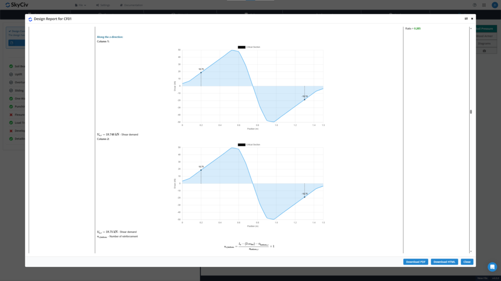Design Report for CF01 showing two blue shear-vs-position plots with a shaded area and 'Critical Section' label, along z-direction for Column 1 and Column 2.