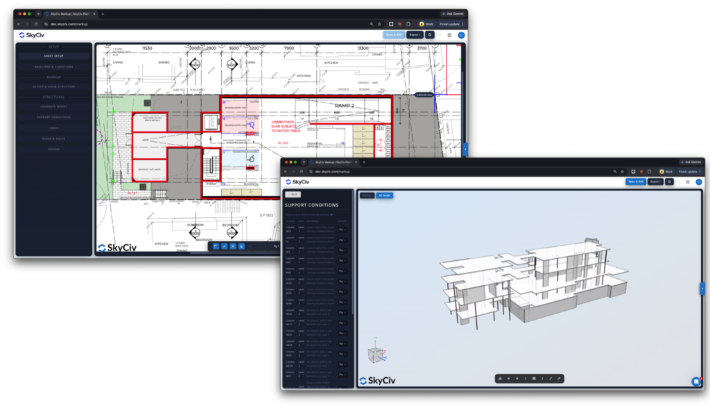 markup-software-from-annotations-to-analysis Two overlapping screens displaying SkyCiv UI: a floor plan with red-outlined rooms on the left and a 3D structural model on the right.