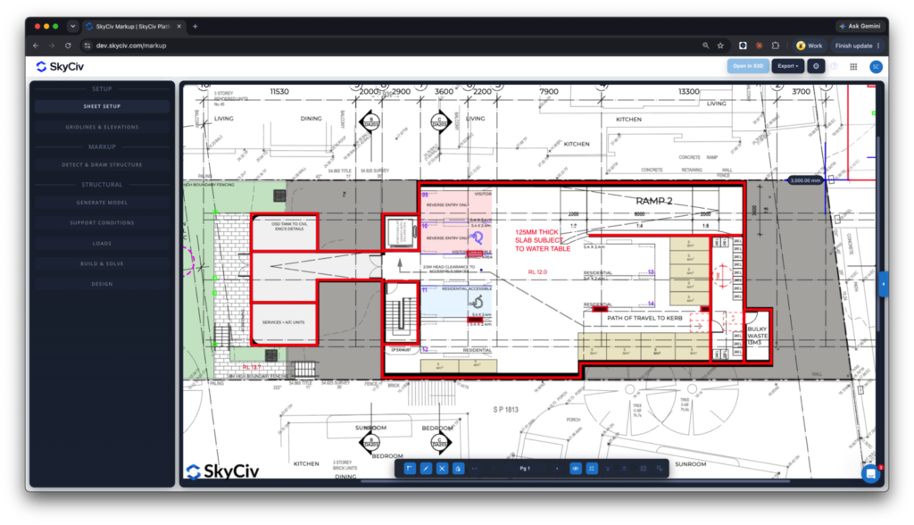 markup-software-step-1-import-annotated-drawings Architectural floor plan showing a building footprint outlined in red, with interior rooms and annotations, and a dark left navigation panel labeled SkyCiv.
