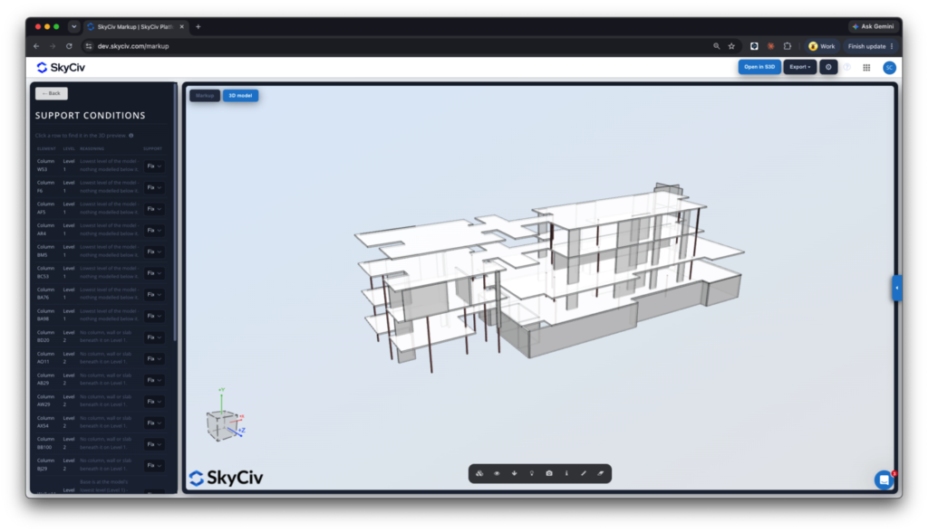 markup-software-step-3-generate-analysis-model 3D architectural model of a multi-story building on SkyCiv with a left-side panel labeled Support Conditions