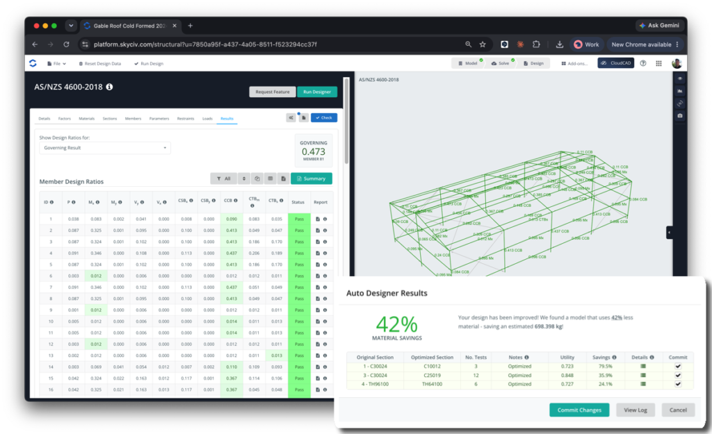 成员设计检查 opti-2AD 设计工具绿色 3D 线框模型板 CAD design tool showing design ratios table, a green 3D wireframe model, and an Auto Designer Results panel with 42% material savings.