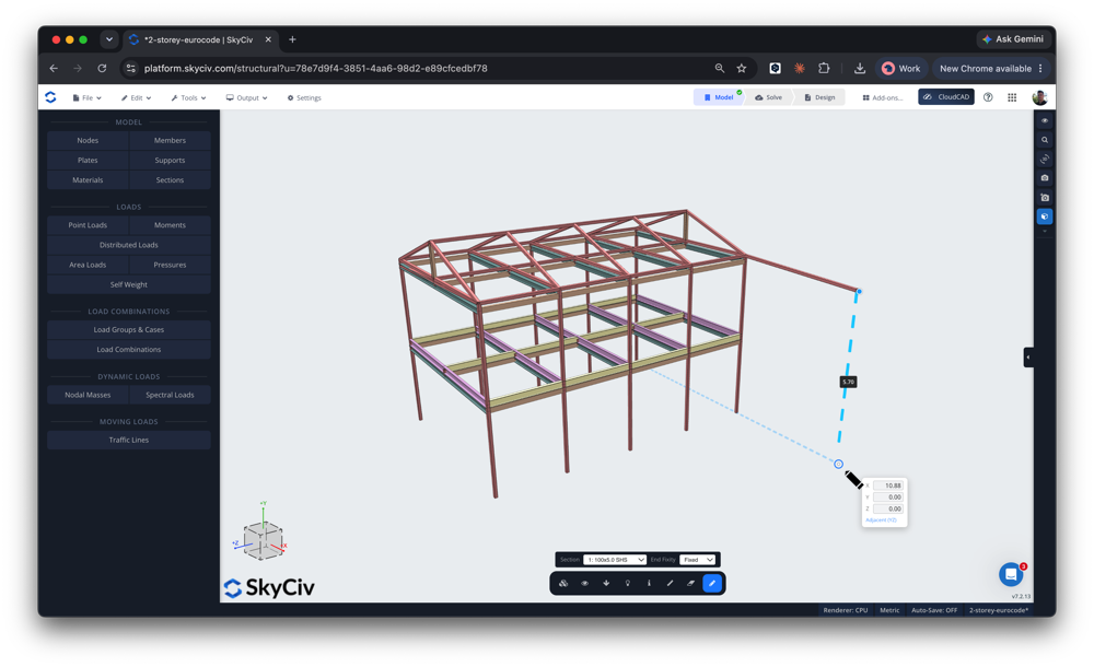 新钢笔工具渲染器的D钢框架建筑模型 3D steel frame building model in structural analysis software (SkyCiv) with left-side UI controls visible.