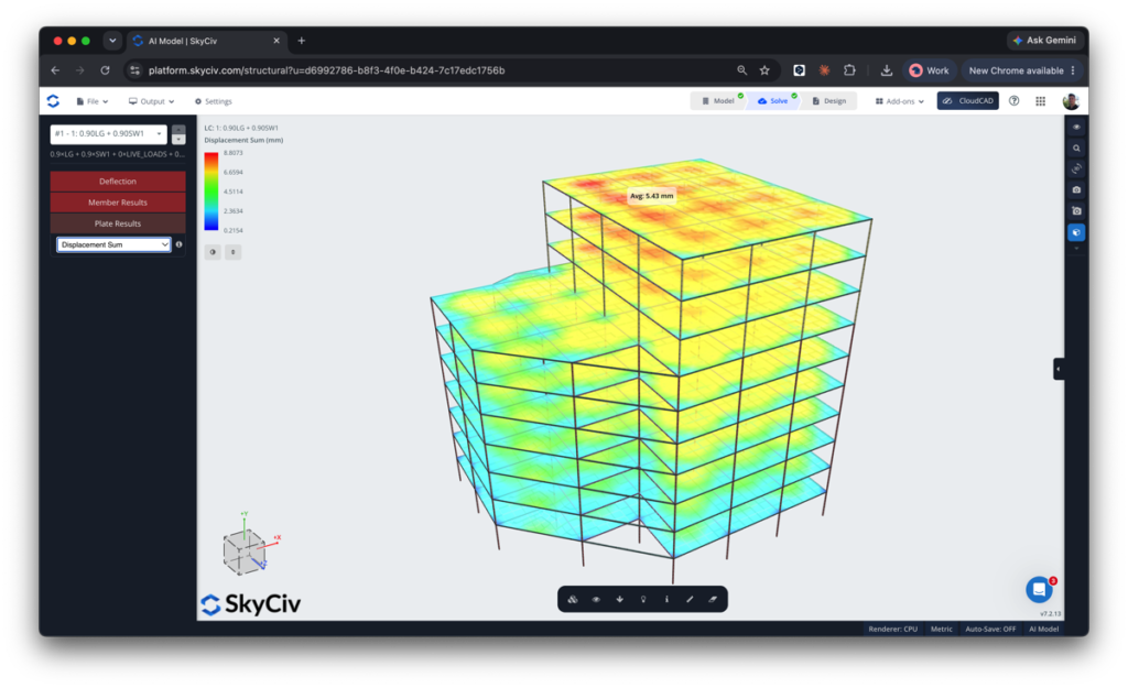 板设计 s3d截图具有颜色编码位移热图的多层建筑 Screenshot of SkyCiv structural model: a multi-story building with a color-coded displacement heatmap (yellow to blue). 📊🏗️